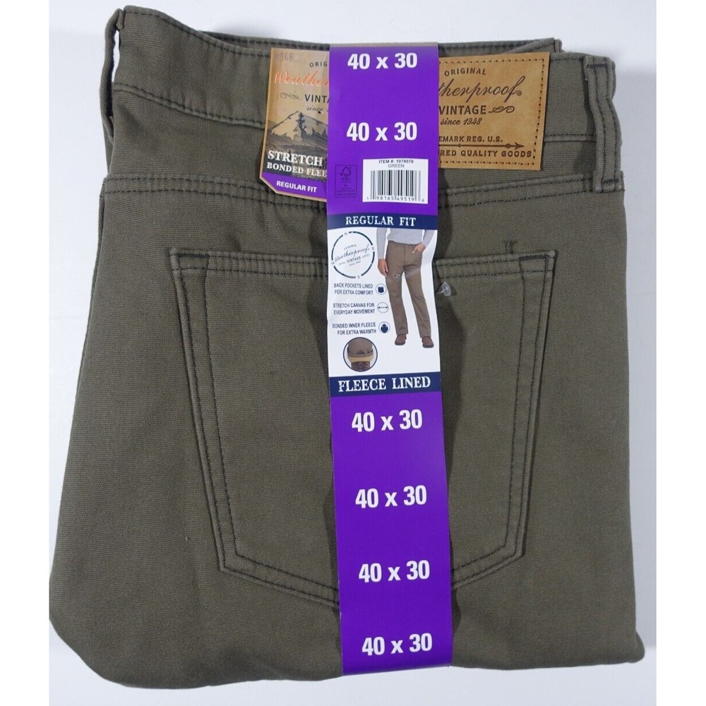 Weatherproof Vintage Men Fleece Lined Pants 40x30 Stretch Canvas Green